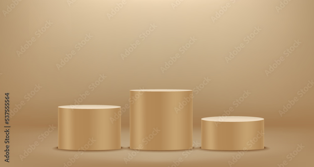 Poster golden room with empty podium. 3d vector showcase with copy space