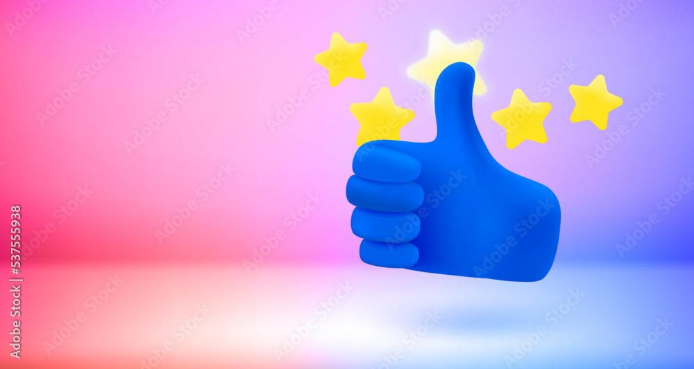 Poster thumbs up and shining stars in a hand. 3d vector banner with copy space