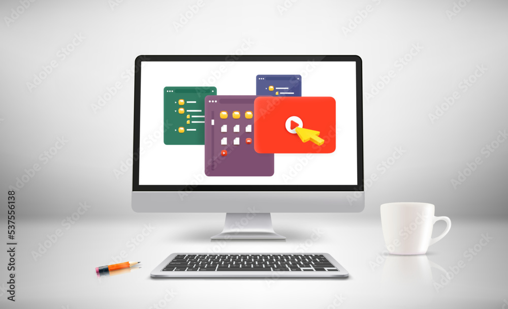 Aufkleber white room with modern computer and windows on the screen. 3d vector illustration