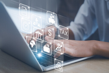 online banking financial transaction concept, internet bank, financial services diagram on virtual digital technology screens against hands typing on keyboard. payment, shopping, security, and globle.