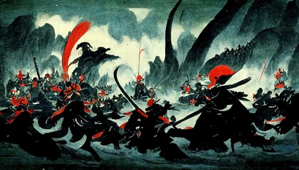 Anime style, Japanese samurai army fighting with enemy, large scene, battlefield, in Japanese black outline style and colors