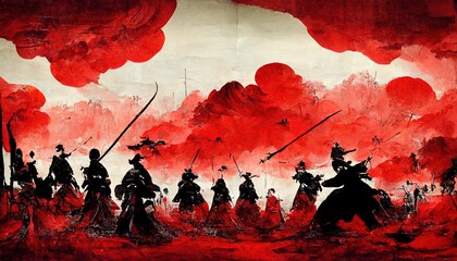 Anime style, Japanese samurai army fighting with enemy, large scene, battlefield, in Japanese black outline style and colors