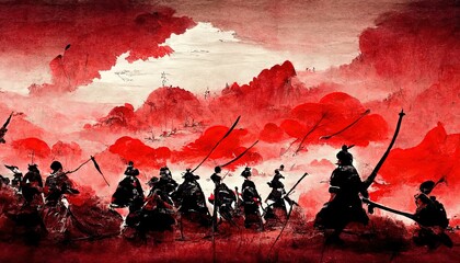 Anime style, Japanese samurai army fighting with enemy, large scene, battlefield, in Japanese black outline style and colors