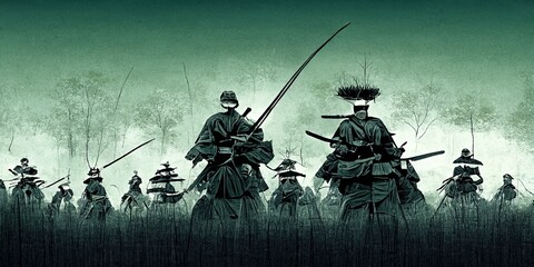 Anime style, Japanese samurai army fighting with enemy, large scene, battlefield, in Japanese black outline style and colors