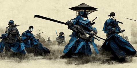 Anime style, Japanese samurai army fighting with enemy, large scene, battlefield, in Japanese black outline style and colors - obrazy, fototapety, plakaty