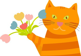 Orange funny cat with a bouquet of flowers.