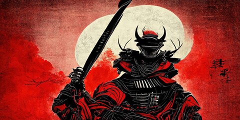 Japanese samurai illustration in japanese ink art, samurai fighting with demons fantasy story