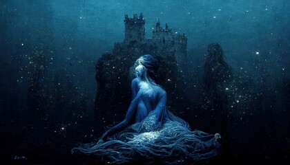Beautiful Mermaid Swimming Deep Blue