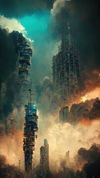 Surreal Post Apocalyptic City Of The Futures With Sky Scrapers In Ruin And Heavy Clouds