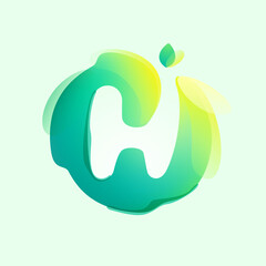 H letter logo in eco gradient splash blot with green leaf. Negative space environment friendly icon. Illusion effect emblem.