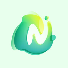 N letter logo in eco gradient splash blot with green leaf. Negative space environment friendly icon. Illusion effect emblem.