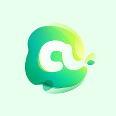 A letter logo in eco gradient splash blot with green leaf. Negative space environment friendly icon. Illusion effect emblem.