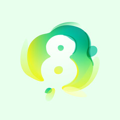 Number eight logo in eco gradient splash blot with green leaf. Negative space environment friendly icon.