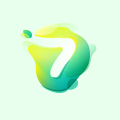 Number seven logo in eco gradient splash blot with green leaf. Negative space environment friendly icon.