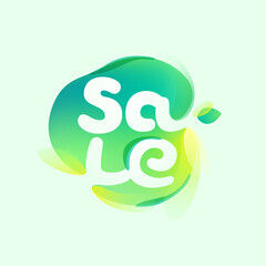 Sale logo in eco gradient splash blot with green leaf. Negative space environment friendly icon. Illusion effect emblem.