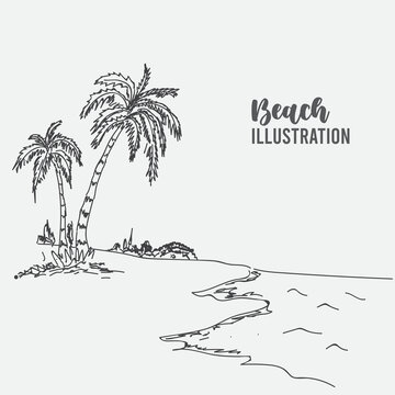 Beach scene illustration sketch design, hand drawn in black and white