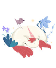 Hand drawn textured composition with sleeping unicorn, bird and flowers 