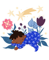 Hand drawn textured composition with sleeping black kid in blue pajamas with comet, stars and flowers 
