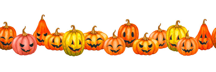 Horizontal seamless border with pumpkins. Watercolor composition. Autumn Halloween design.
