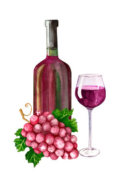 Glass of red wine and a bottle with bunch of grape