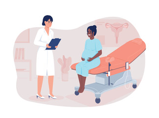 Pregnant lady and gynecologist 2D vector isolated illustration. Prenatal care flat characters on cartoon background. Medical colourful editable scene for mobile, website, presentation