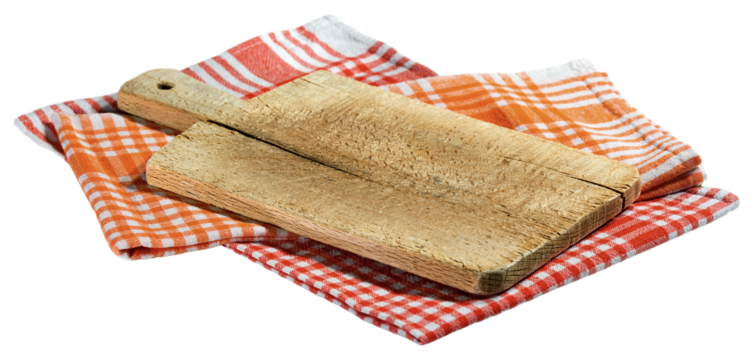 Close-up of an old wood cutting board on checkered tablecloths, red, orange and white. Isolated on white or transparent background, photography, png.