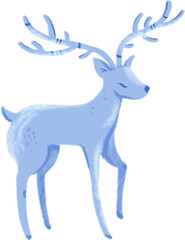 Fantasy hand drawn textured blue deer fawn with antlers isolated on transparent background