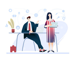 Happy creative young professional business people work in office. New start up, developing and supporting on going projects, work together concept illustration