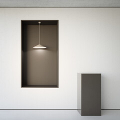 Abstract interior design 3D rendering of modern showroom. Empty floor and black podium with concrete wall background.