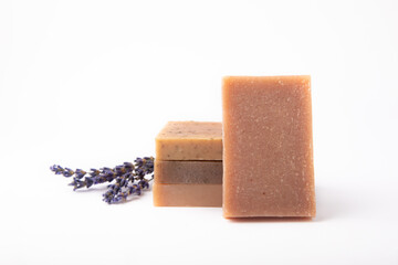 Natural soap with lavender extract. Handmade soap with lavender flowers isolated on white background. spa and relaxation concept.Aromatherapy.Flat lay.Place for text.Place for copy.