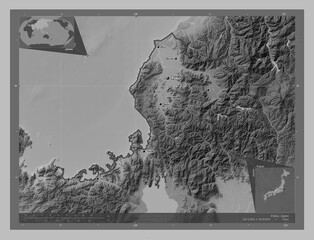 Fukui, Japan. Grayscale. Labelled points of cities