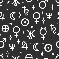 Vector seamless pattern with symbols of Solar System planets. Hand drawn design for wrappings, textile, wallpaper and backgrounds.