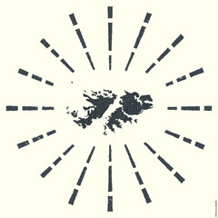 Falklands Logo. Grunge sunburst poster with map of the country. Shape of Falklands filled with hex digits with sunburst rays around. Neat vector illustration.