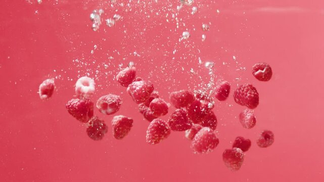 many red raspberries fall into the water, slow motion video