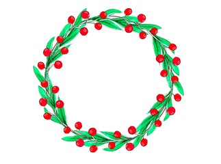Christmas greenery wreath with in white background. Green fir twigs and red berries. Watercolor illustration.