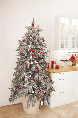 Christmas background. Xmas interior. Home celebration. Christmas design of interior. Closeup christmas balls.