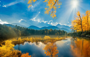 Schönes Panorama des Herbstlaubs im See mit schöner Reflexion. Herbstfarben, die sich in den stillen Gewässern des Sees widerspiegeln. Chinesische Herbstgebirgslandschaft. Sonniger Herbsttag.