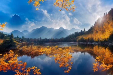 Schönes Panorama des Herbstlaubs im See mit schöner Reflexion. Herbstfarben, die sich in den stillen Gewässern des Sees widerspiegeln. Chinesische Herbstgebirgslandschaft. Sonniger Herbsttag. © Viks_jin