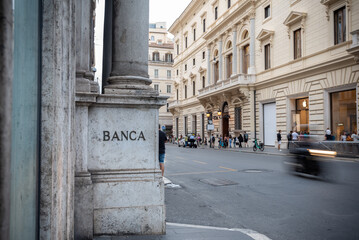 The Base of a Column with the Italian Word Banca that means Bank in the Center of Rome