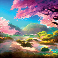 Fototapeta na wymiar vector illustration. artistic picture Japan volcanic mountains. Asian scenic wallpaper with cherry trees Mount Fuji background. Extremely beautiful pink trees with volumetric light in anime style. 