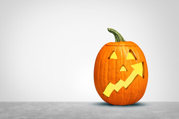 Halloween season Inflation concept as Autumn pumpkin symbol with an upward leaning financial chart...