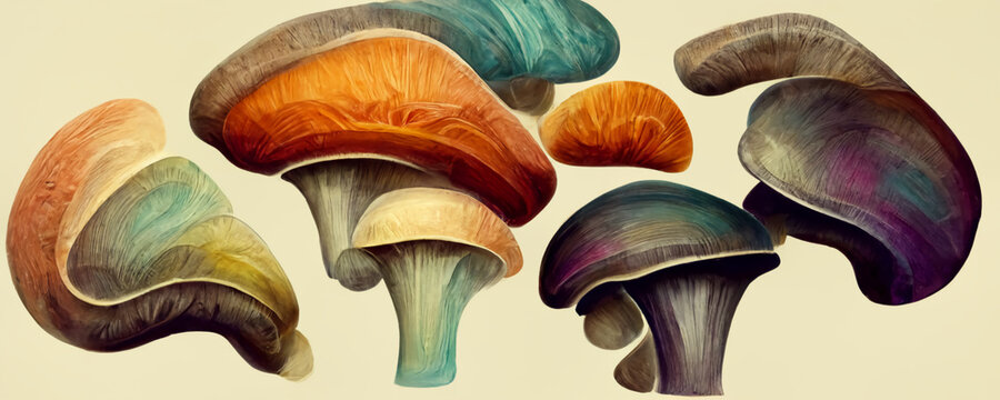 Abstract colourful Mushrooms, trippy psychedelic lsd art. For: Web banner, texture, pattern, wallpaper.