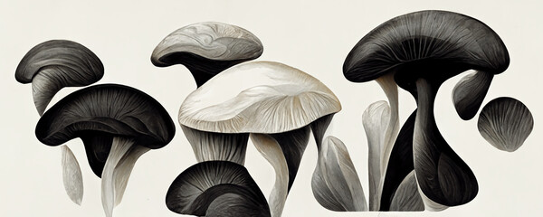Abstract black and white Mushrooms, trippy psychedelic lsd art. For: Web banner, texture, pattern, wallpaper.