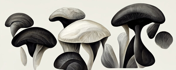 Abstract black and white Mushrooms, trippy psychedelic lsd art. For: Web banner, texture, pattern, wallpaper. - obrazy, fototapety, plakaty
