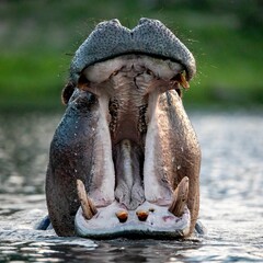 Vertical closeup shot of a hippo with an open mouth in a lake - obrazy, fototapety, plakaty