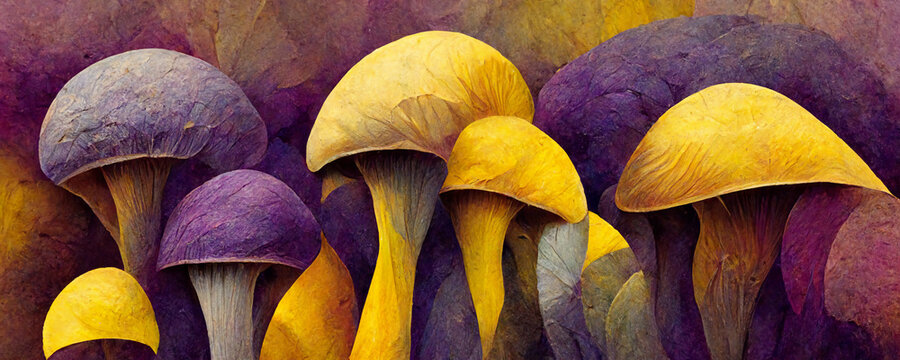 Abstract purple and yellow Mushrooms, trippy psychedelic lsd art. For: Web banner, texture, pattern, wallpaper.