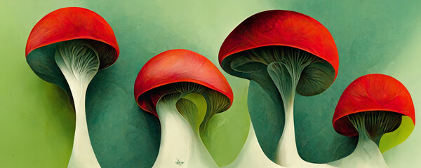 Abstract red and green Mushrooms, trippy psychedelic lsd art. For: Web banner, texture, pattern, wallpaper.