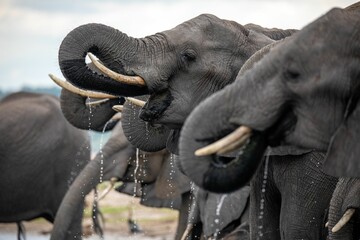 Closeup shot of gray elephants drinking water with their trunks