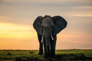 Beautiful large gray elephant on a field at sunset