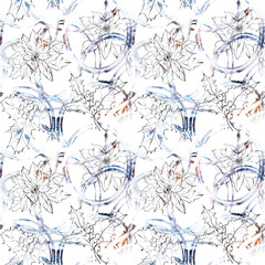 Trendy textile print. Abstract blue alcohol ink floral line art seamless pattern. Digital seamless wallpaper, fabric print, textile design. Can be used for scrapbook paper, wrapping paper, packaging.